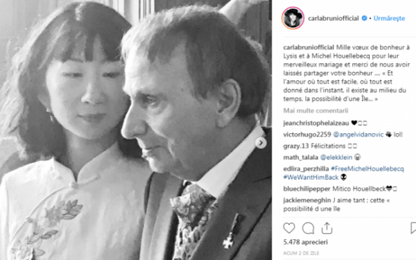 Michel Houellebecq alături de soţia lui, într-o fotografie postată de Carla Bruni pe contul său de Instagram