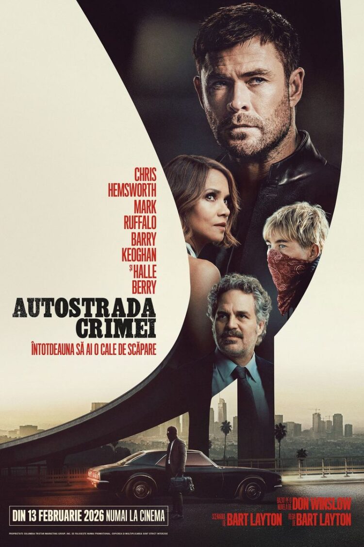 Posterul oficial al filmului Autostrada Crimei (Crime 101) cu Chris Hemsworth, Mark Ruffalo și Halle Berry - distribuit în România de InterComFilm.