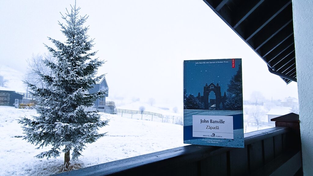 Coperta cărții „Zăpada” de John Banville, Ed. Polirom, pozată pe o balustradă de lemn pe un fundal de iarnă cu zăpadă, fotografie de atmosferă pentru recenzie.