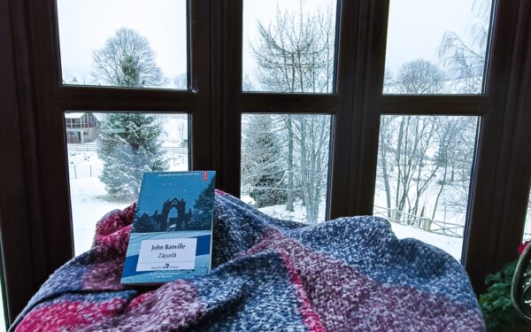 Coperta cărții „Zăpada” de John Banville, pe o pătură tricotată lângă o fereastră cu vedere la un peisaj înzăpezit.