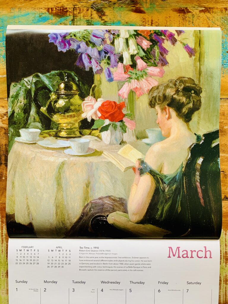 Pagina de martie a calendarului de perete cu reproducerea tabloului Ora Ceaiului de Robert Emil Stübner