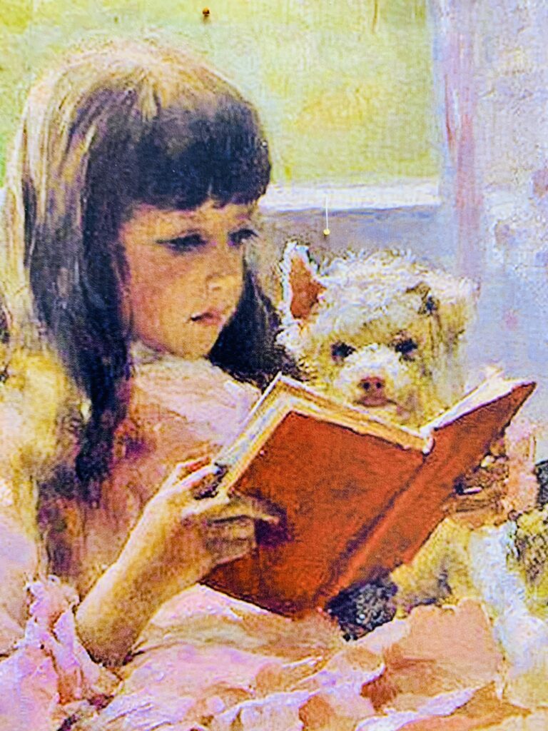 Detaliu din tabloul Buni prieteni (Fetiță citind) de Albert Edelfelt: Berta Edelfelt concentrată asupra unei cărți de buzunar. 