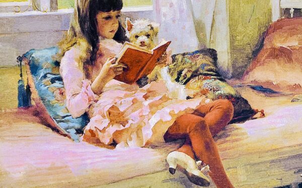 Pictura Albert Edelfelt – Buni prieteni (Fetiță citind), reprezentând-o pe Berta Edelfelt alături de un cățeluș alb.