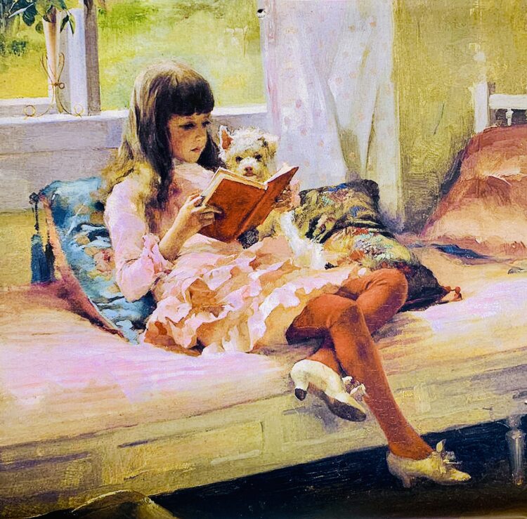 Pictura Albert Edelfelt – Buni prieteni (Fetiță citind), reprezentând-o pe Berta Edelfelt alături de un cățeluș alb.