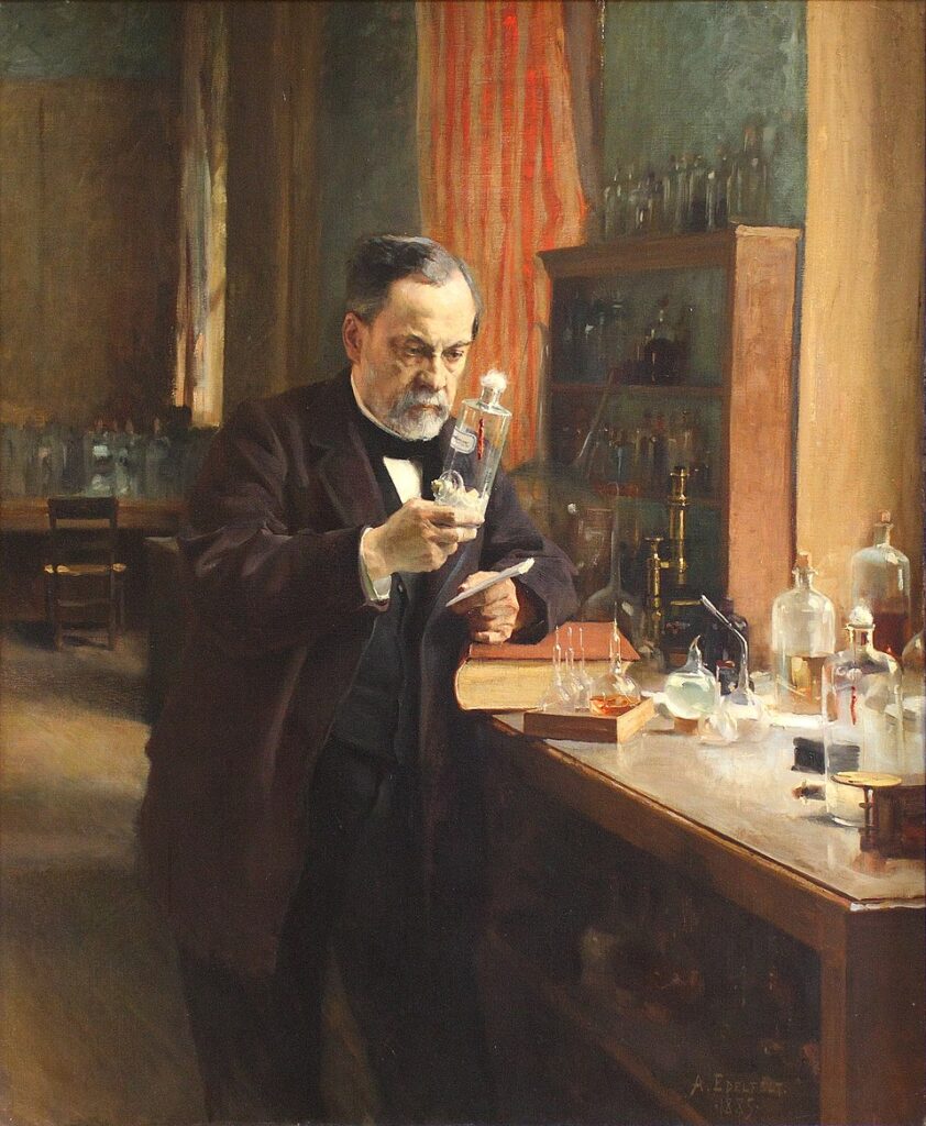 Portretul lui Louis Pasteur în laboratorul său, pictat de Albert Edelfelt în 1885, ilustrând rigoarea științifică și detaliile realiste.