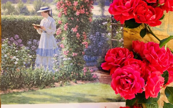 Edmund Blair Leighton Sweet Solitude pictura in calendarul lunii iunie langa trandafiri roz naturali