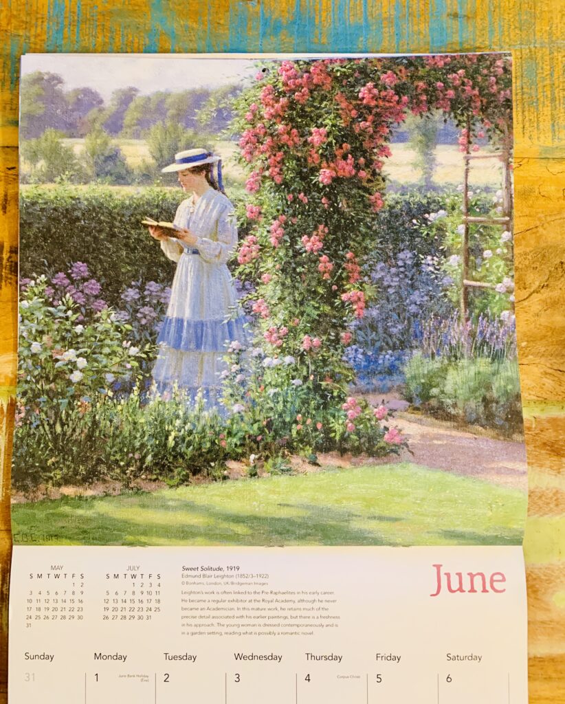 Pagina de calendar a lunii iunie cu reproducerea operei Sweet Solitude de Edmund Blair Leighton pe un fundal galben texturat