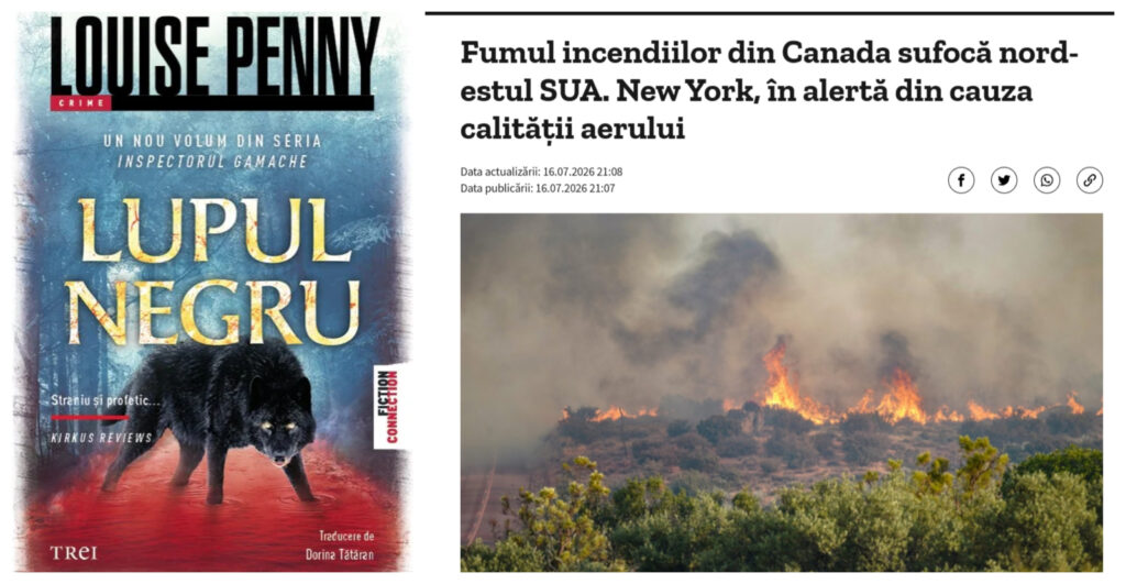 coperta romanului Lupul Negru langa o stire legata de incendiile din Canada